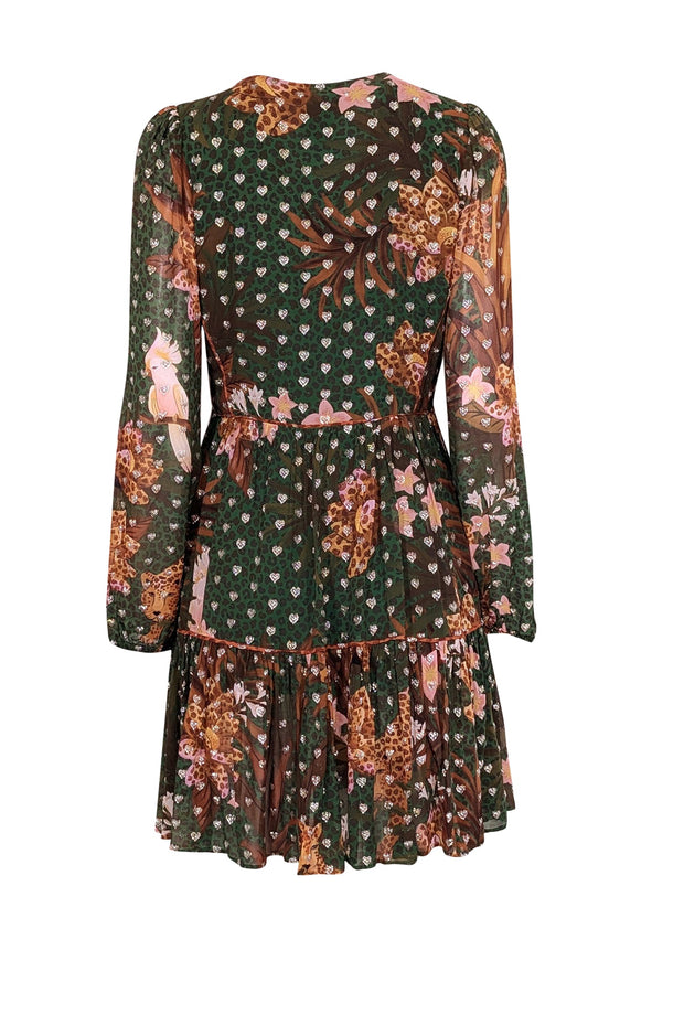 Current Boutique-Farm Rio - Green, Tan, & Peach Jungle Print Mini Dress w/ Metallic Hearts Sz M