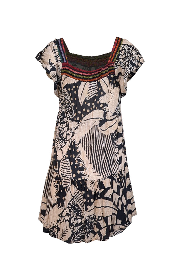 Current Boutique-Farm Rio - Beige & Black Leaf Print Flutter Sleeve Mini Dress Sz P