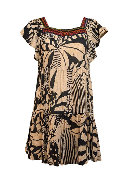 Current Boutique-Farm Rio - Beige & Black Leaf Print Flutter Sleeve Mini Dress Sz P