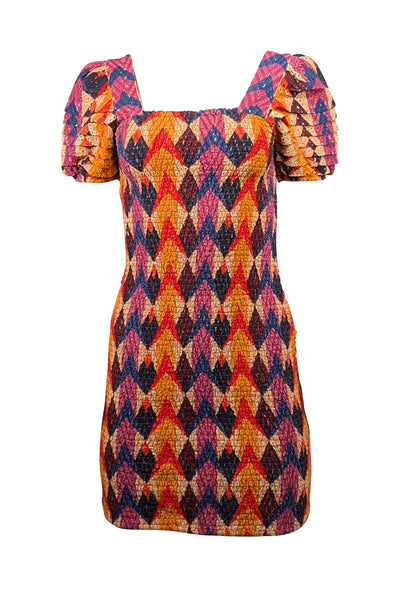 Current Boutique-Farm Rio - Beige, Orange, Purple, & Blue Print Smocked Dress Sz S