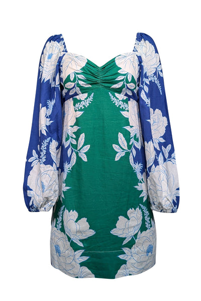 Current Boutique-Farm Rio - Green, Blue & White, Floral Print Linen Blend Long Sleeve Dress Sz S