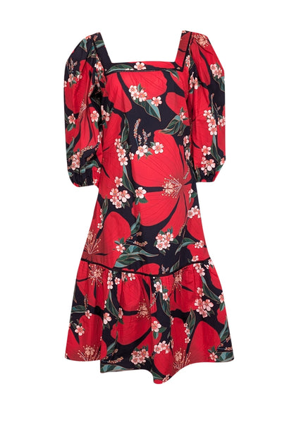 Current Boutique-Farm Rio - Red, Navy & Green Floral Print Cotton Midi Dress Sz S