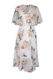 Current Boutique-Farm Rio - White w/ Peach Floral Print Chiffon Dress w/ Crochet Detailing Sz S