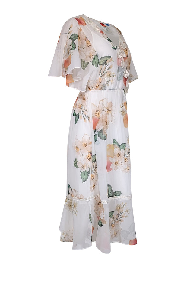 Current Boutique-Farm Rio - White w/ Peach Floral Print Chiffon Dress w/ Crochet Detailing Sz S