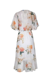 Current Boutique-Farm Rio - White w/ Peach Floral Print Chiffon Dress w/ Crochet Detailing Sz S