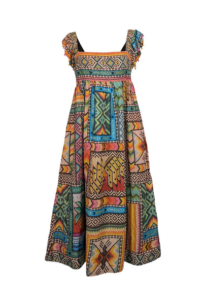Current Boutique-Farm Rio - Yellow & Multicolor Print Midi Dress w/ Beaded Straps Sz S