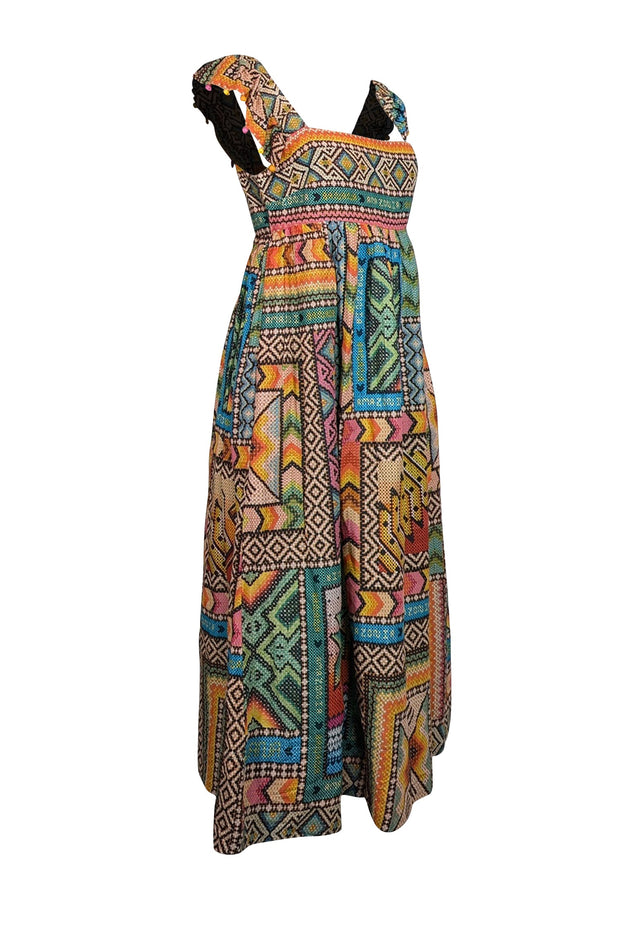 Current Boutique-Farm Rio - Yellow & Multicolor Print Midi Dress w/ Beaded Straps Sz S