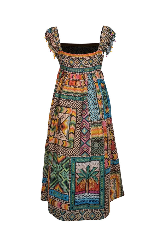 Current Boutique-Farm Rio - Yellow & Multicolor Print Midi Dress w/ Beaded Straps Sz S