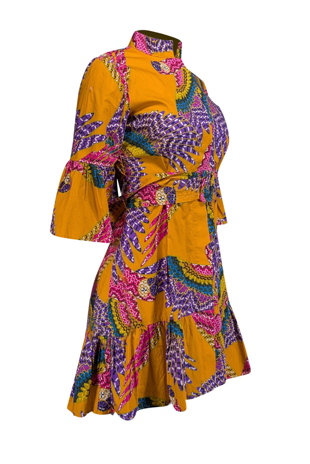 Current Boutique-Farm Rio - Orange w/ Multicolor Macaw Print Poplin Belted Mini Dress Sz XS