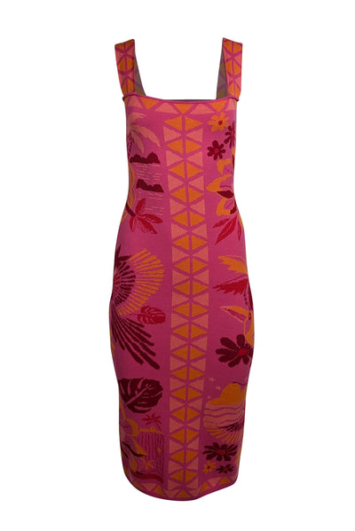 Current Boutique-Farm Rio - Pink, Orange, & Red Tropical Pattern Knit Midi Dress Sz XS
