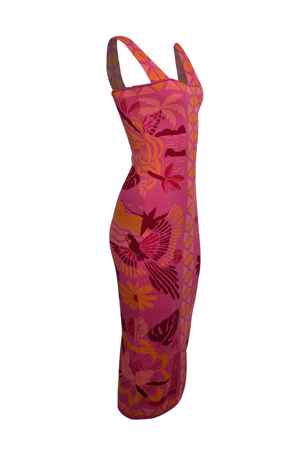 Current Boutique-Farm Rio - Pink, Orange, & Red Tropical Pattern Knit Midi Dress Sz XS