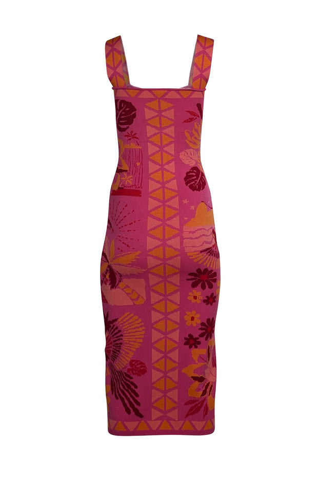 Current Boutique-Farm Rio - Pink, Orange, & Red Tropical Pattern Knit Midi Dress Sz XS