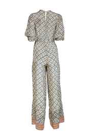 Current Boutique-Farm Rio - Beige w/ Teal Mushroom Print Satin Jumpsuit Sz S