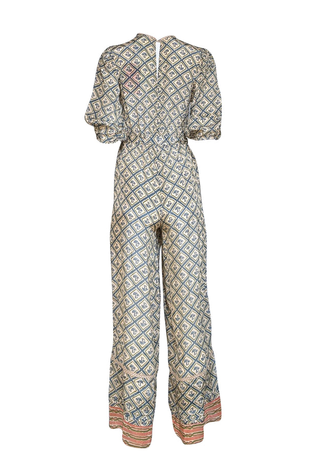 Current Boutique-Farm Rio - Beige w/ Teal Mushroom Print Satin Jumpsuit Sz S