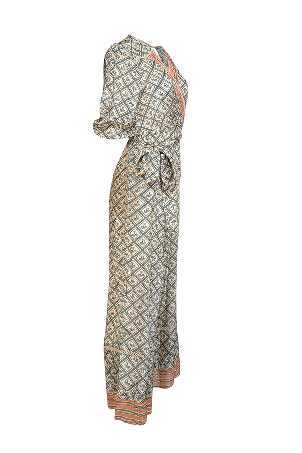 Current Boutique-Farm Rio - Beige w/ Teal Mushroom Print Satin Jumpsuit Sz S