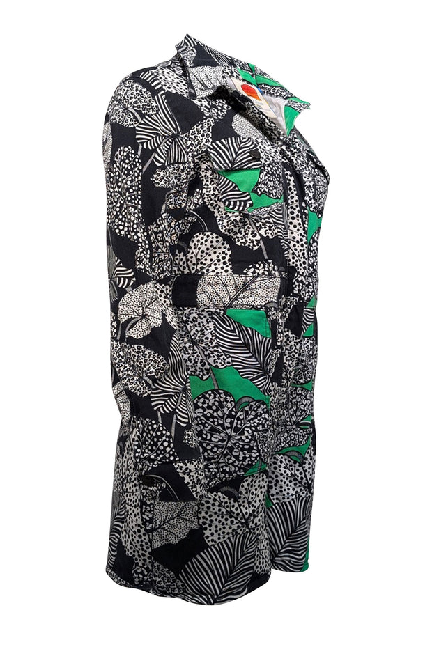 Current Boutique-Farm Rio - Green, Black, & White Foliage Print Denim Romper Sz S