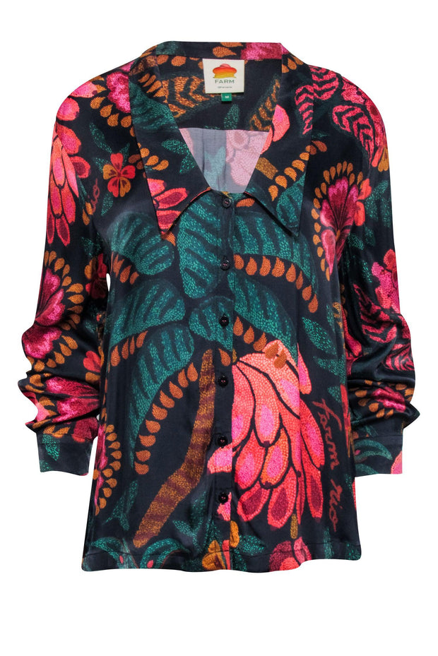 Current Boutique-Farm - Black w/ Multicolor Floral Print Button-Up Blouse Sz M
