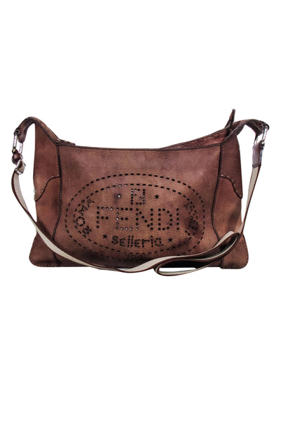 Current Boutique-Fendi - Brown Leather Laser Cut Logo Crossbody Bag