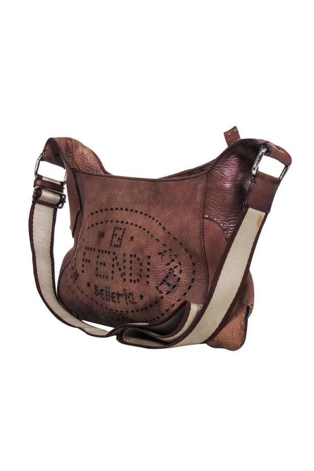 Current Boutique-Fendi - Brown Leather Laser Cut Logo Crossbody Bag