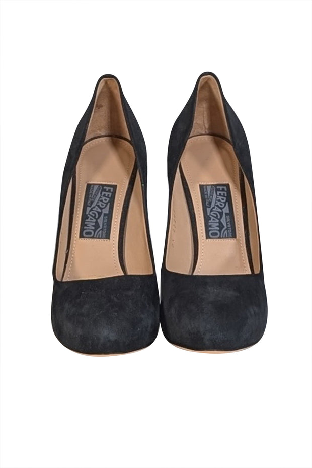Ferragamo - Black Suede w/ Metallic Gold Heel Sz 9 - Current Boutique