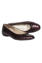 Current Boutique-Ferragamo - Brown Croc Embossed Leather Bow Toe Flats Sz 7