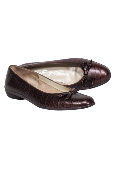 Current Boutique-Ferragamo - Brown Croc Embossed Leather Bow Toe Flats Sz 7