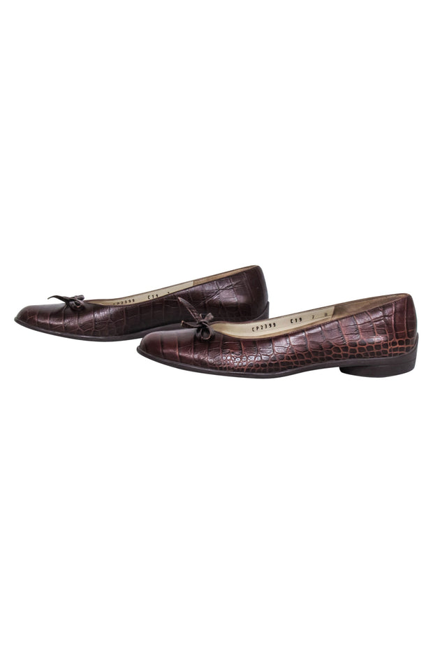 Current Boutique-Ferragamo - Brown Croc Embossed Leather Bow Toe Flats Sz 7