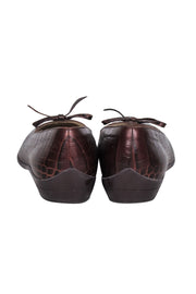 Current Boutique-Ferragamo - Brown Croc Embossed Leather Bow Toe Flats Sz 7