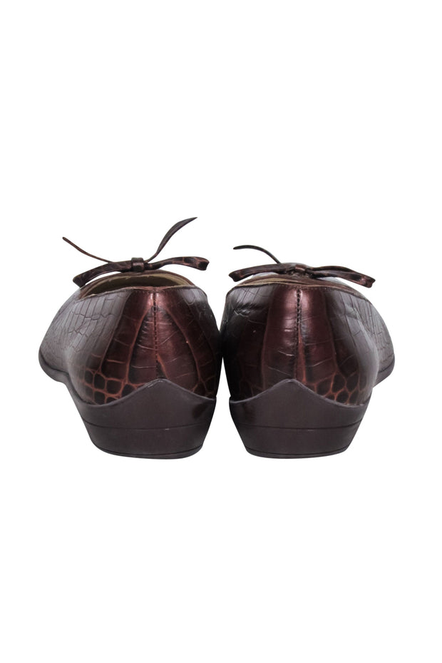 Current Boutique-Ferragamo - Brown Croc Embossed Leather Bow Toe Flats Sz 7