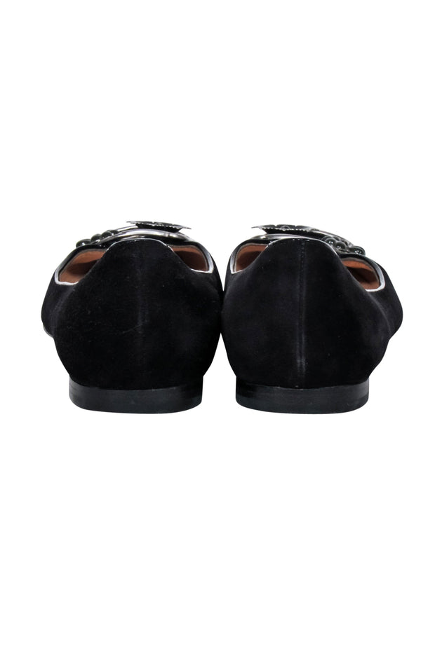 Current Boutique-Ferragamo - Black Suede Ballet Flats w/ Floral Decorative Toe Detail Sz 7.5