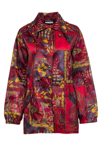 Current Boutique-Ferragamo - Red Multi Animal Print Lightweight Hooded Jacket Sz XS