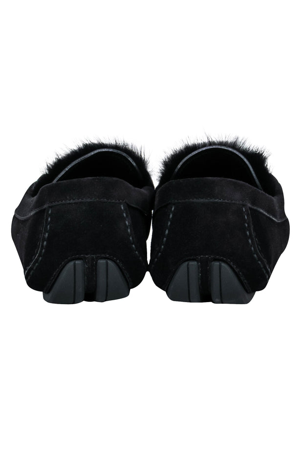 Current Boutique-Ferragamo - Black Suede Loafers w/ Mink Trim and Gold Details Sz 11