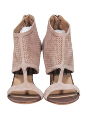Current Boutique-Ferragamo - Beige Suede Laser Cut Print Open Toe Pumps Sz 7