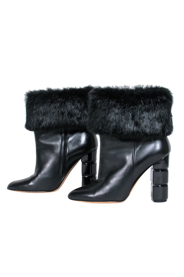 Current Boutique-Ferragamo - Black Leather Ankle Booties w/ Fox Fur Sz 7