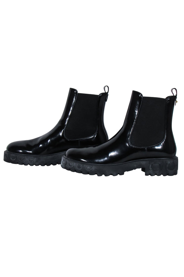Current Boutique-Ferragamo - Black Leather Block Heel Booties Sz 9.5