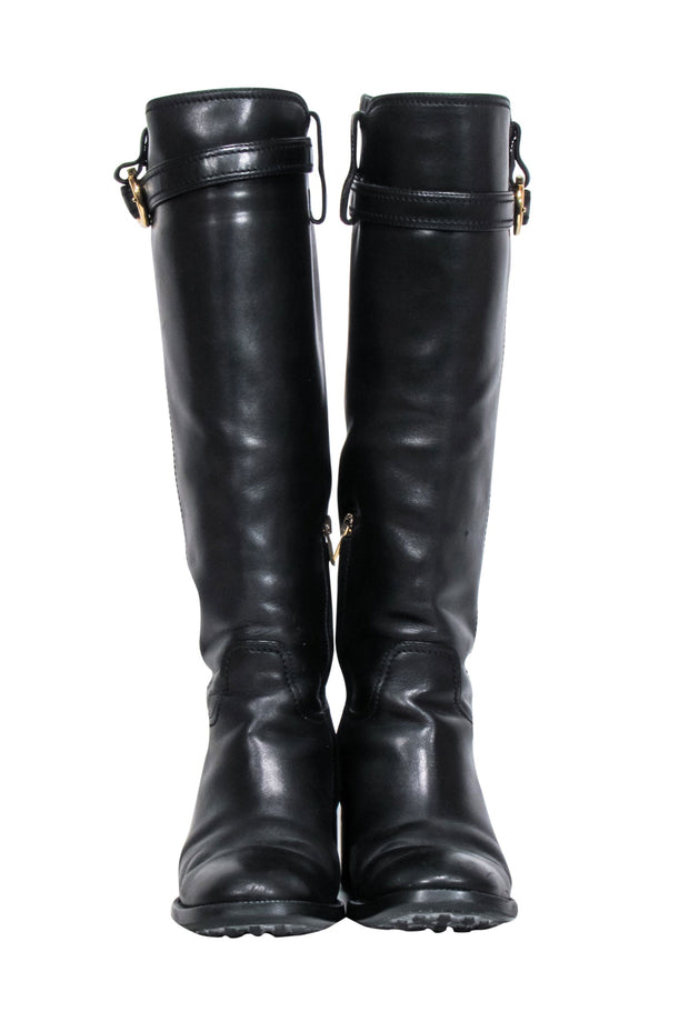 Current Boutique-Ferragamo - Black Leather Riding Boots w/ Gancini Accent Sz 7.5