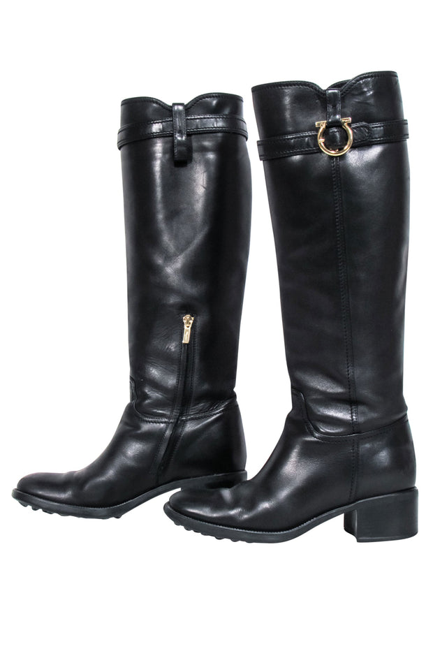 Current Boutique-Ferragamo - Black Leather Riding Boots w/ Gancini Accent Sz 7.5