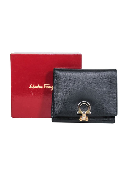 Current Boutique-Ferragamo - Black Saffiano Leather Wallet w/ Gold Closure