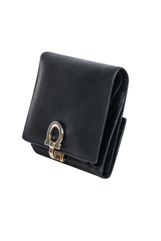 Current Boutique-Ferragamo - Black Saffiano Leather Wallet w/ Gold Closure