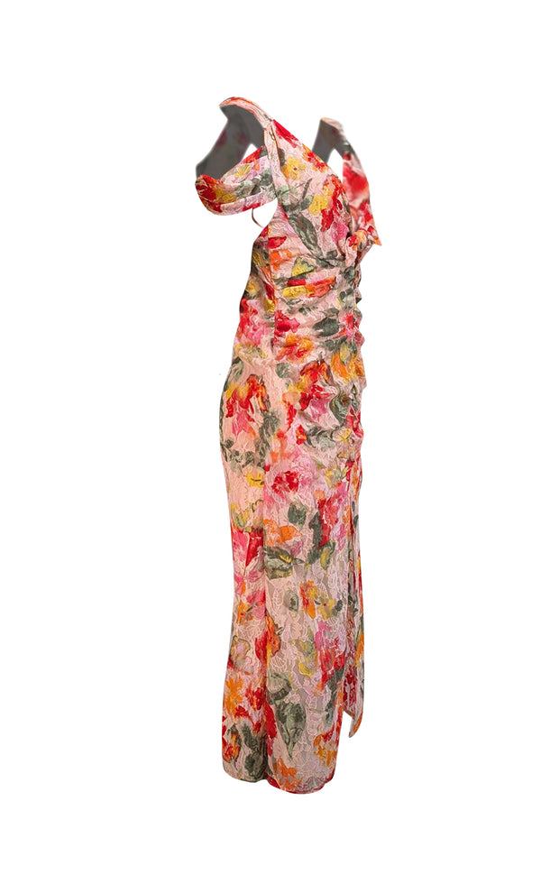 For Love & Lemons - Pink & Multicolor Floral Lace Cold Shoulder Dress Sz M - Current Boutique