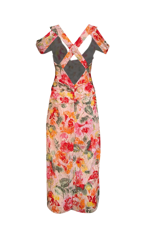 For Love & Lemons - Pink & Multicolor Floral Lace Cold Shoulder Dress Sz M - Current Boutique
