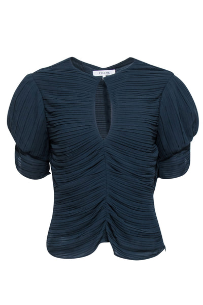 Current Boutique-Frame - Navy Ruched Puff Sleeve Keyhole Top Sz M