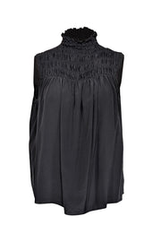 Current Boutique-Frame - Black Silk Smocked Mock Neck Top Sz S