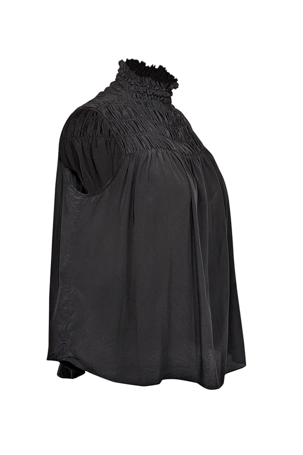 Current Boutique-Frame - Black Silk Smocked Mock Neck Top Sz S