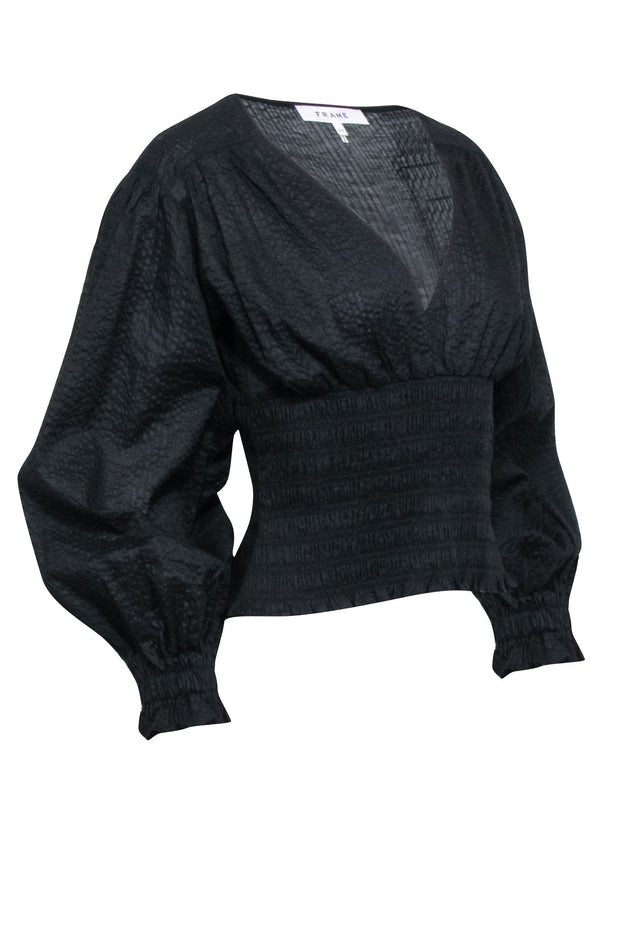 Current Boutique-Frame - Black Textured V-Neck Top w/ Balloon Sleeves Sz S