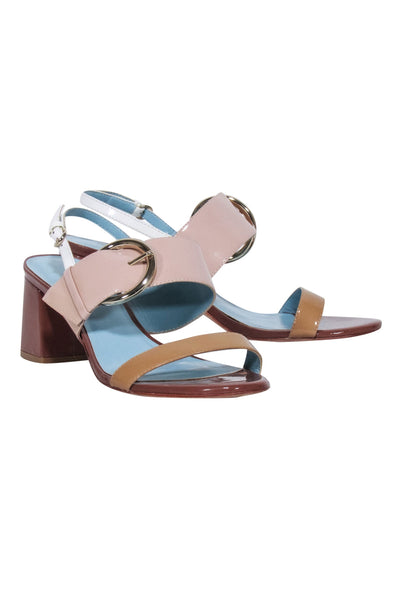Current Boutique-Frances Valentine - Tan, Beige, & Brown Patent Leather Strappy Sandals Sz 7.5