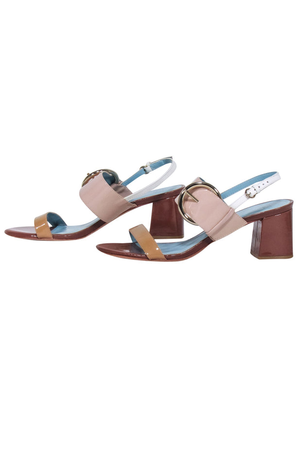 Current Boutique-Frances Valentine - Tan, Beige, & Brown Patent Leather Strappy Sandals Sz 7.5