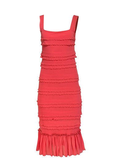 Current Boutique-Fuzzi - Coral Pink Tiered Ruffle Sleeveless Dress Sz L