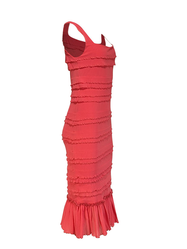 Current Boutique-Fuzzi - Coral Pink Tiered Ruffle Sleeveless Dress Sz L