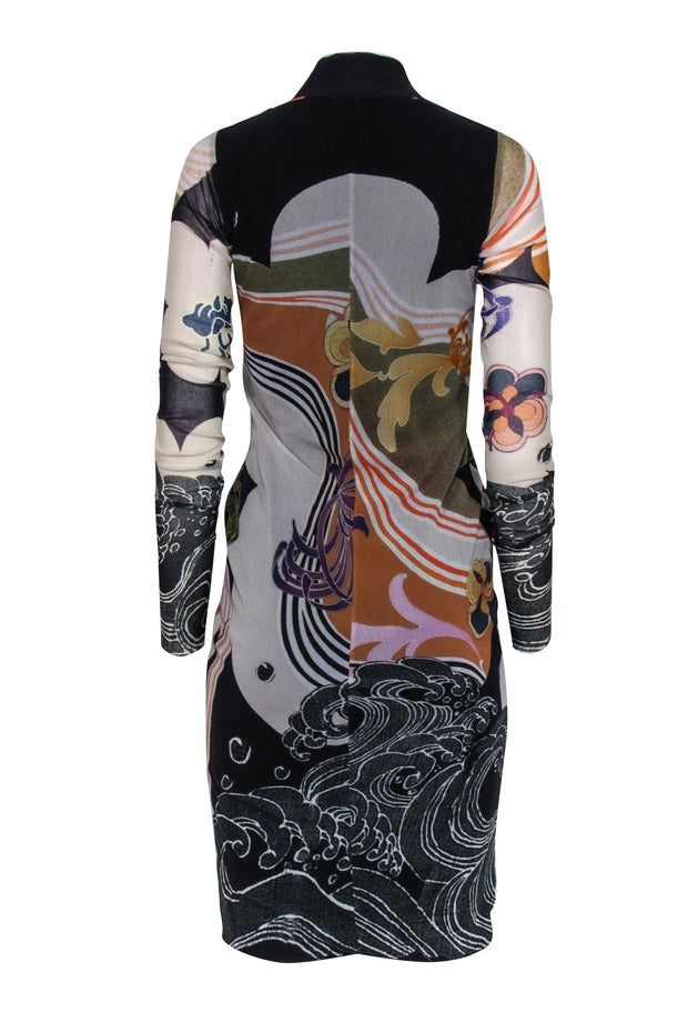 Current Boutique-Fuzzi - Black, Green, & Orange, White Print Knot Front Dress Sz M